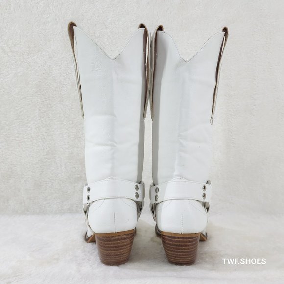 Western Rider Cut Harness White Leatherette Cowboy Pull On Country Cowgirl Boots - Picture 5 of 11